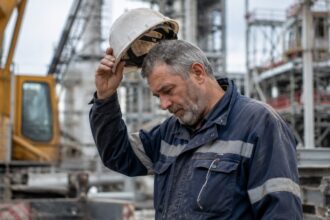 Εργαζόμενος μεγάλης ηλικίας σε εργοτάξιο στη Γερμανία με φόντο βιομηχανικό κτίριο