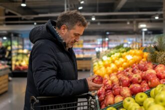 Καταναλωτής εξετάζει φρέσκα λαχανικά και φρούτα σε σούπερ μάρκετ της Γερμανίας