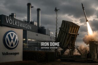 Εγκαταστάσεις εργοστασίου της Volkswagen στο Osnabrück με φόντο βιομηχανικές γραμμές παραγωγής