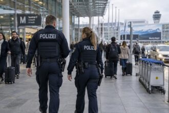 Αστυνομικοί περιπολούν στο αεροδρόμιο του Μονάχου κατά τη διάρκεια προσωρινού κλεισίματος των διαδρόμων