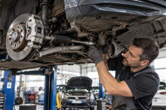 Ένας μηχανικός ελέγχει το σύστημα διεύθυνσης αυτοκινήτου Volkswagen σε συνεργείο στη Γερμανία.