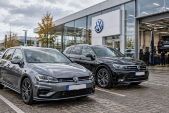 Σειρά από αυτοκίνητα Volkswagen σταθμευμένα σε αντιπροσωπεία στη Γερμανία στο πλαίσιο της ανάκλησης οχημάτων.