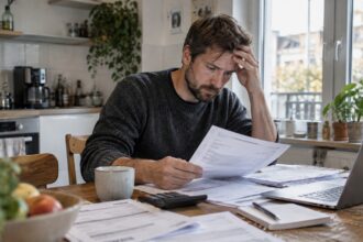 Πολίτης στη Γερμανία που εξετάζει λογαριασμούς ενέργειας και έξοδα διαβίωσης.
