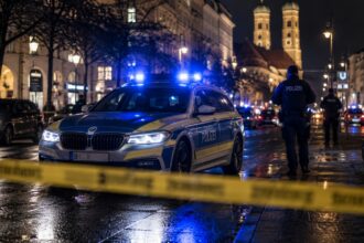 Αστυνομικό όχημα με αναμμένους φάρους τη νύχτα μπροστά από πρατήριο καυσίμων.