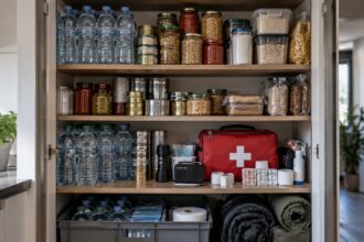 Συσκευασμένα τρόφιμα μακράς διάρκειας, μπουκάλια νερού και ένα κουτί πρώτων βοηθειών αποθηκευμένα σε ντουλάπι.