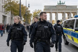 Αστυνομικές δυνάμεις περιπολούν σε κεντρικό δρόμο στο Βερολίνο
