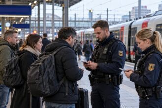 Αστυνομικοί της Ομοσπονδιακής Αστυνομίας ελέγχουν έγγραφα ταξιδιωτών σε σιδηροδρομικό σταθμό στη Γερμανία, στο πλαίσιο του νέου συστήματος ασύλου