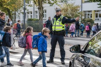 Αστυνομικός στη Βαυαρία ρυθμίζει την κυκλοφορία έξω από σχολείο ενώ περνούν μαθητές