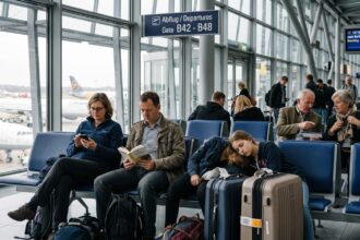 Επιβάτες με βαλίτσες περιμένουν σε αίθουσα αναχωρήσεων σε γερμανικό αεροδρόμιο