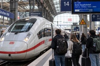Σύγχρονο τρένο ICE της Deutsche Bahn σε σιδηροδρομικό σταθμό της Γερμανίας