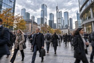 Εργαζόμενοι και επαγγελματίες σε πολυσύχναστο δρόμο μεγάλου αστικού κέντρου στη Γερμανία.