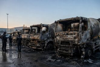 Πυροσβεστικές δυνάμεις και αστυνομία εξετάζουν καμένα οχήματα μετά από εμπρηστική επίθεση στη Γερμανία