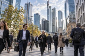 Άνθρωπος με επαγγελματικό ντύσιμο περπατά σε σύγχρονο οικονομικό κέντρο ευρωπαϊκής πόλης