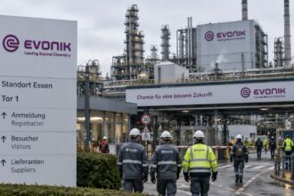 Εξωτερική άποψη των βιομηχανικών εγκαταστάσεων της Evonik στη Γερμανία με εργαζόμενους