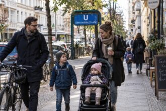 Γερμανική οικογένεια περπατά σε εμπορικό δρόμο καθώς ανακοινώνονται φορολογικές ελαφρύνσεις στη Γερμανία