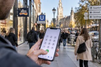 Ένα smartphone με τον αριθμό Frank geht ran στην οθόνη του σε γερμανικό αστικό περιβάλλον