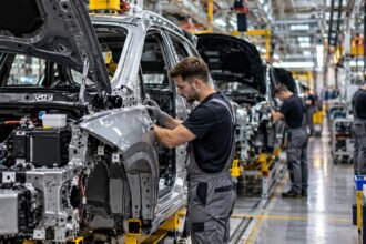 Γραμμή παραγωγής σε εργοστάσιο γερμανικής αυτοκινητοβιομηχανίας με ημιτελή οχήματα και λιγοστούς εργαζομένους.