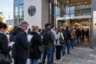 Πολίτες περιμένουν έξω από κτίριο διοίκησης στη Γερμανία για θέματα επιδομάτων.