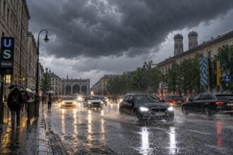 Σκοτεινός ουρανός με σύννεφα καταιγίδας και δυνατή βροχή σε δρόμο στο Μόναχο