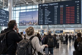 Επιβάτες περιμένουν μπροστά από τον πίνακα αναχωρήσεων σε γερμανικό αεροδρόμιο με εμφανείς καθυστερήσεις