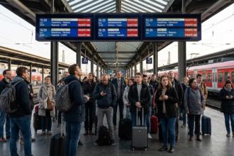 Επιβάτες περιμένουν στις αποβάθρες γερμανικού σιδηροδρομικού σταθμού κοιτώντας τους πίνακες δρομολογίων που δείχνουν καθυστερήσεις στα τρένα