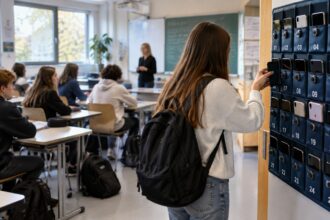 Ειδικές υφασμάτινες θήκες για την αποθήκευση κινητών τηλεφώνων μαθητών σε γερμανική σχολική αίθουσα