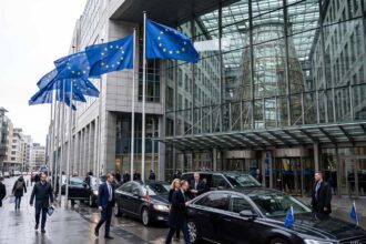Ευρωπαϊκές σημαίες και βιομηχανικές εγκαταστάσεις ενόψει συζητήσεων για τους κανόνες Made in Europe στη Γερμανία