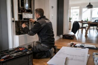 Επαγγελματίας τεχνικός πραγματοποιεί εργασίες επισκευής σε κατοικία στη Γερμανία
