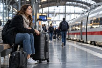 Άνθρωπος περιμένει με τις βαλίτσες του σε σταθμό στη Γερμανία
