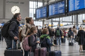 Οικογένεια με βαλίτσες στον κεντρικό σιδηροδρομικό σταθμό της Στουτγάρδης κοιτάζει τους πίνακες αναχωρήσεων.