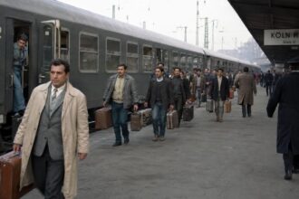 Ξένοι εργάτες με αποσκευές κατεβαίνουν από τρένο σε σταθμό της Γερμανίας τη δεκαετία του 60