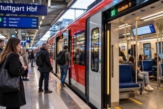 Μοντέρνος συρμός S-Bahn με ψηφιακές οθόνες σε σιδηροδρομικό σταθμό.