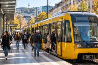 Ένα σύγχρονο κίτρινο τρένο της Stadtbahn σε σταθμό της Στουτγάρδης