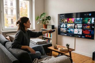 Χρήστης βλέπει τις νέες τιμές στα πακέτα του Netflix στην οθόνη της τηλεόρασης
