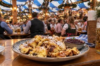 Παραδοσιακό γλυκό Kaiserschmarrn στο Oktoberfest του Μονάχου σε ξύλινο τραπέζι