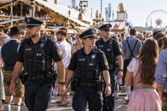 Ένστολοι αστυνομικοί περιπολούν ανάμεσα στο πλήθος κατά τη διάρκεια του φεστιβάλ Oktoberfest στο Μόναχο.