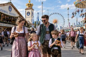 Οικογένεια με παιδιά σε βόλτα στο Oktoberfest στο Μόναχο