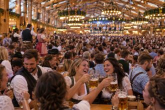 Πολυκοσμία σε παραδοσιακή σκηνή του Oktoberfest στο Μόναχο κατά τη διάρκεια των εορτασμών