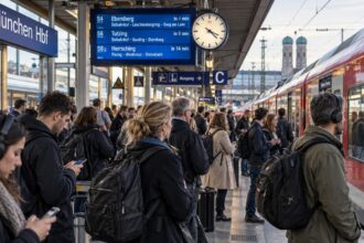 Πολυσύχναστος σιδηροδρομικός σταθμός στη Βαυαρία με επιβάτες της Deutsche Bahn που περιμένουν στα προάστια του Μονάχου.