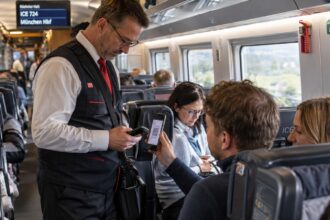 Ελεγκτής εισιτηρίων της Deutsche Bahn ελέγχει επιβάτες μέσα σε ICE τρένο