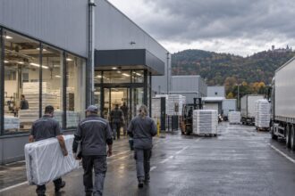 Εξωτερική άποψη βιομηχανικού κτιρίου στη Γερμανία, αντιπροσωπευτικό του εργοστασίου της πτωχευμένης εταιρείας στρωμάτων Breckle στη Θουριγγία