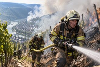Πυροσβέστες επιχειρούν σε δύσβατο έδαφος κατά τη διάρκεια δασικής πυρκαγιάς στο Tübingen της Γερμανίας