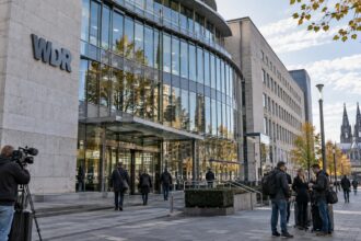 Σήμα του γερμανικού δικτύου WDR στην είσοδο του κτιρίου του στο Ρήνο.