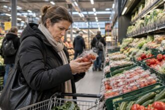 Καταναλωτής εξετάζει προσεκτικά τη συσκευασία ενός λαχανικού σε σούπερ μάρκετ