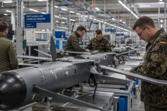 Στρατιωτικό drone σε γραμμή παραγωγής εργοστασίου με τεχνικούς να ελέγχουν τα συστήματα