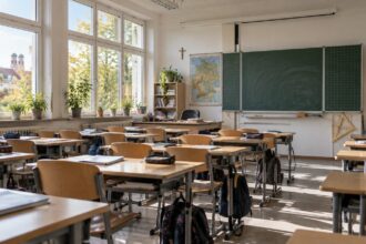 Άδεια σχολική αίθουσα στη Γερμανία με θρανία και πίνακα.