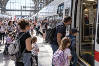Οικογένειες και επισκέπτες εξερευνούν ένα σύγχρονο τρένο κατά τη διάρκεια της Ημέρας Σιδηροδρόμου στη Γερμανία