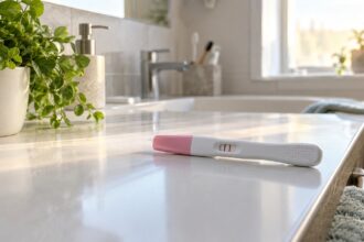 Σύγχρονο τεστ εγκυμοσύνης σε φωτεινό μπάνιο, σηματοδοτώντας την κυκλοφορία της vegan εναλλακτικής στη Γερμανία.