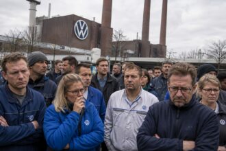 Εργαζόμενοι έξω από το εργοστάσιο της Volkswagen στη Γερμανία με έντονο προβληματισμό