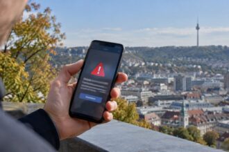 Ένα smartphone δείχνει ειδοποίηση έκτακτης ανάγκης Cell Broadcast με φόντο την πόλη της Στουτγάρδης